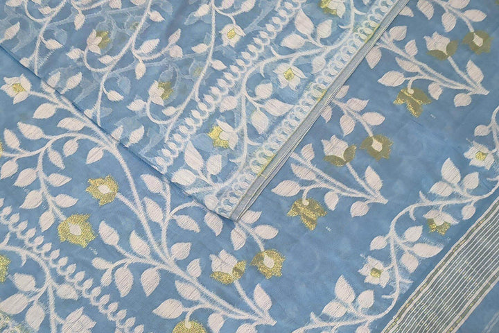 Handloom silk cotton saree in sky blue in floral jamdani weave