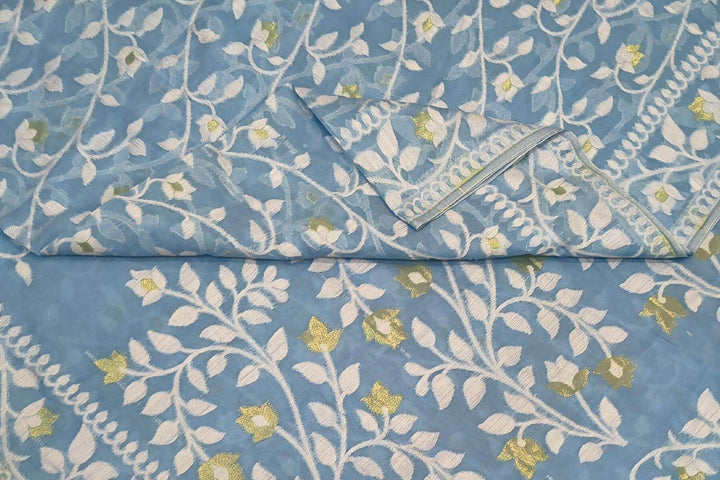 Handloom silk cotton saree in sky blue in floral jamdani weave