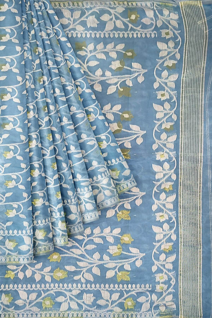 Handloom silk cotton saree in sky blue in floral jamdani weave