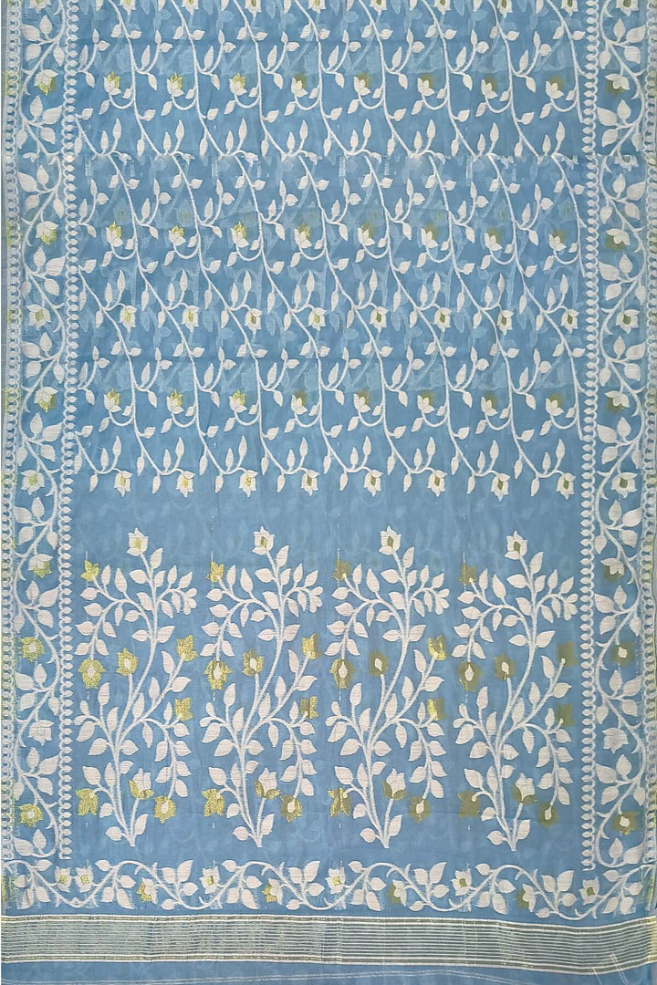 Handloom silk cotton saree in sky blue in floral jamdani weave