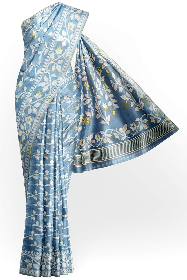 Handloom silk cotton saree in sky blue in floral jamdani weave