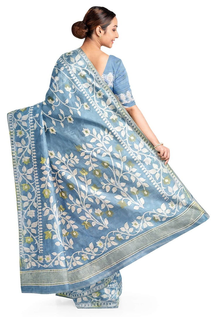 Handloom silk cotton saree in sky blue in floral jamdani weave