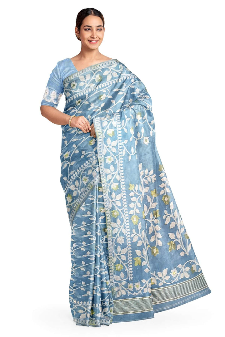 Handloom silk cotton saree in sky blue in floral jamdani weave