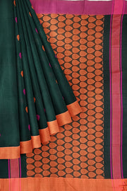 Handloom soft cotton saree in bottle green with jamdani pallu