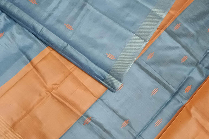 Handwoven Eri  silk saree in bluish grey with striped pallu  and a contrast blouse