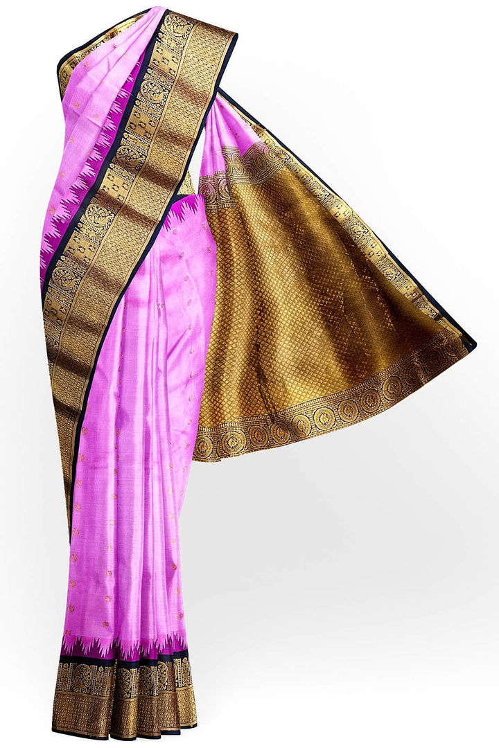 Gadwal pure silk saree in pink with  peacock &  disc  motif in gold.