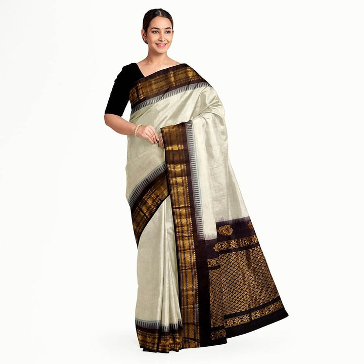 Gadwal cotton silk saree in cream & brown