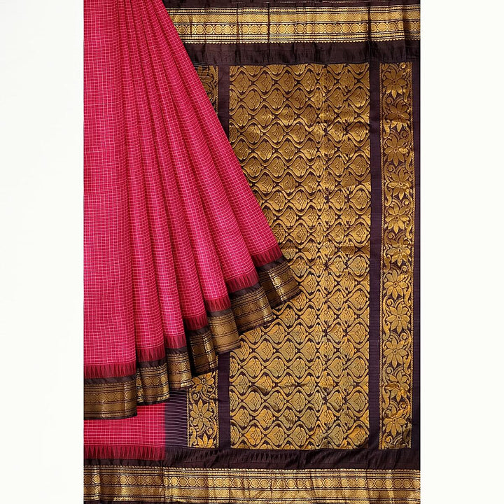 Gadwal cotton silk saree in dark pink & brown