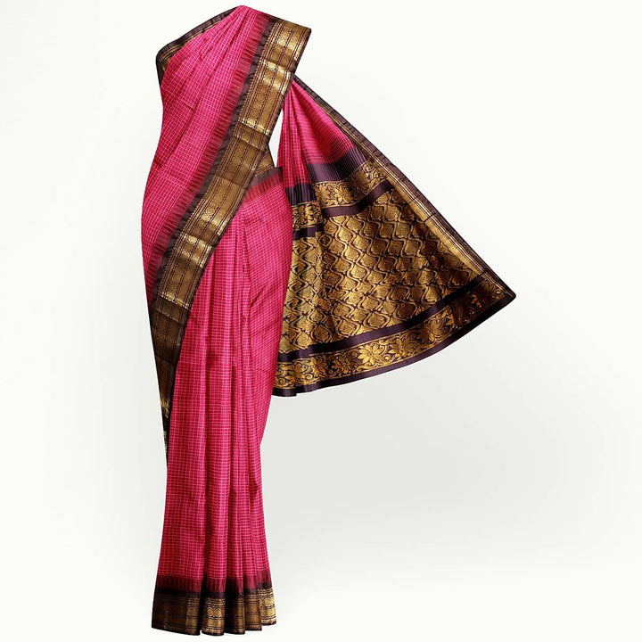 Gadwal cotton silk saree in dark pink & brown