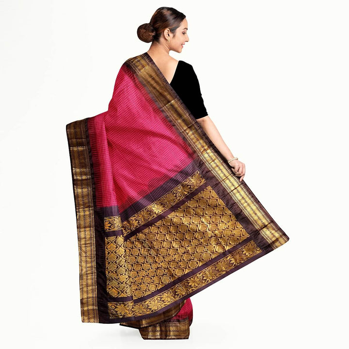 Gadwal cotton silk saree in dark pink & brown
