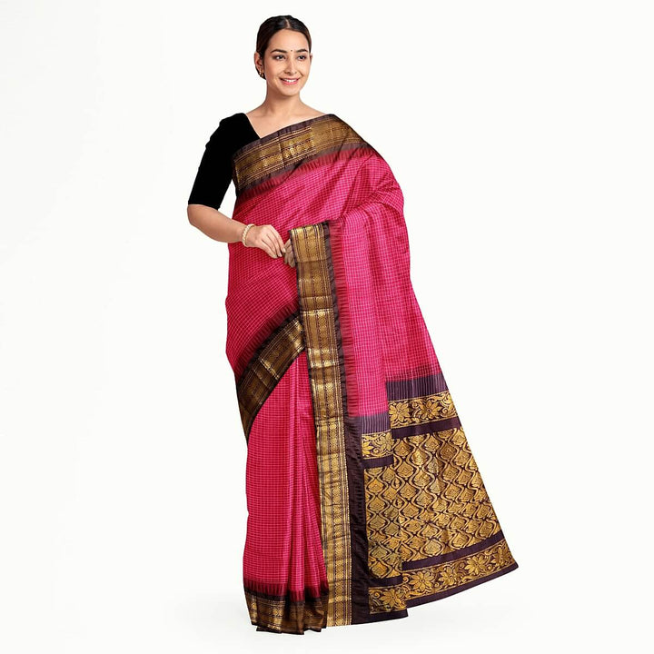 Gadwal cotton silk saree in dark pink & brown