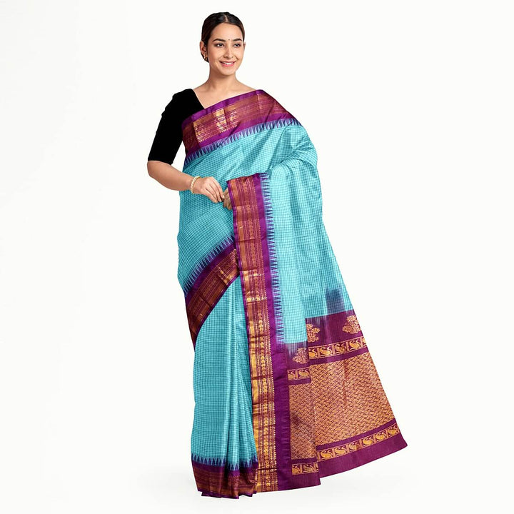 Gadwal cotton silk saree in sky blue & purple