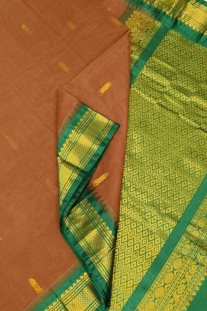 Gadwal cotton silk saree in brown & green