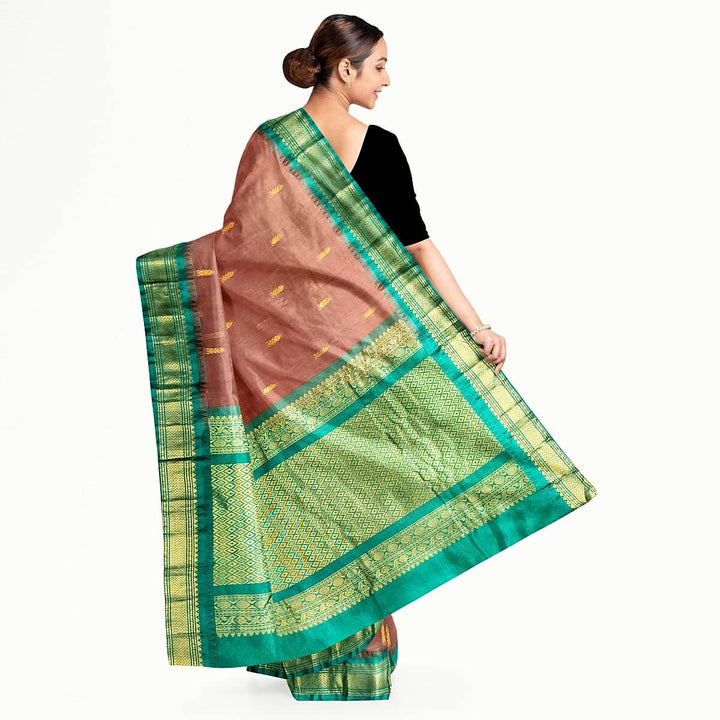 Gadwal cotton silk saree in brown & green