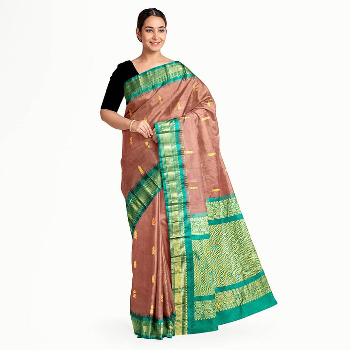 Gadwal cotton silk saree in brown & green