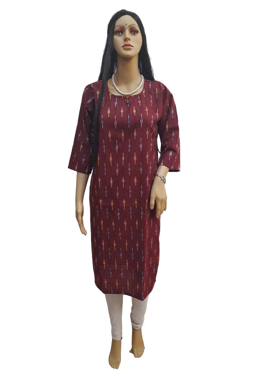 Handwoven ikat cotton kurti in straight cut in maroon
