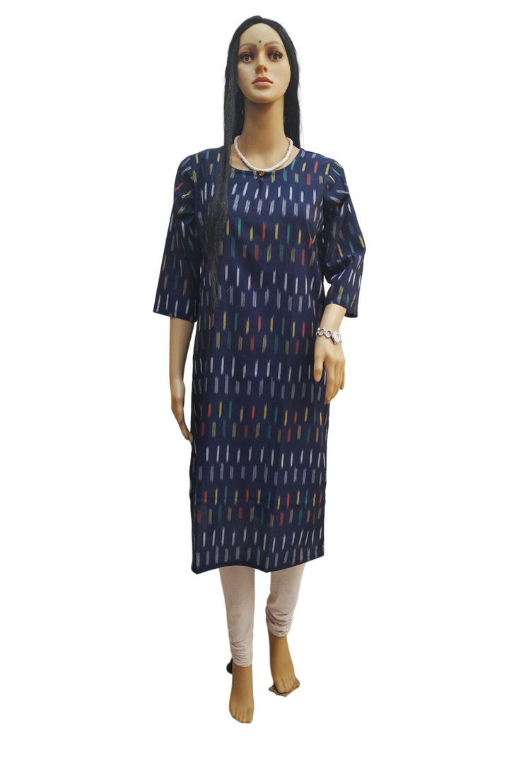 Handwoven ikat cotton kurti in straight cut in navy blue
