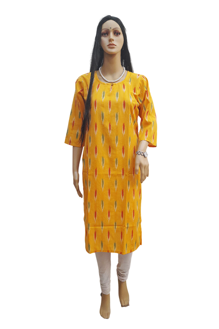 Handwoven ikat cotton kurti in straight cut in yellow