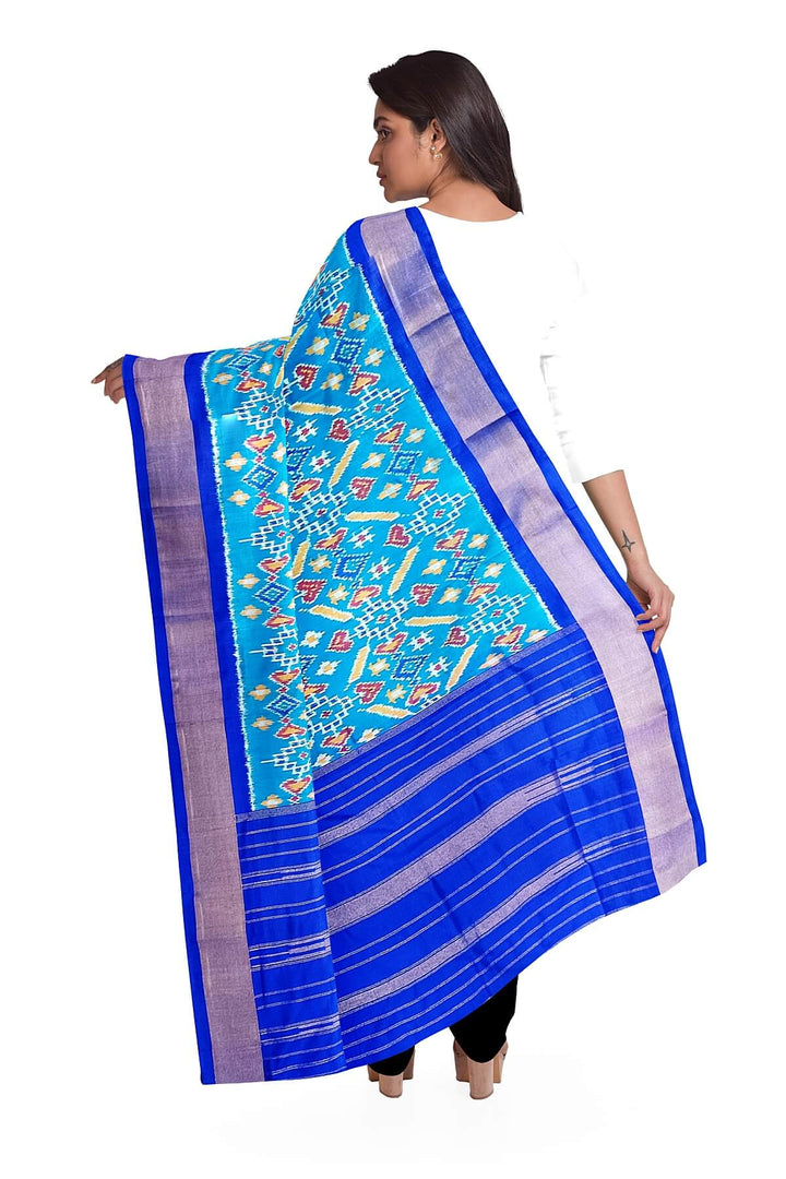 Handwoven Ikat pure silk dupatta in blue in pan bhat pattern