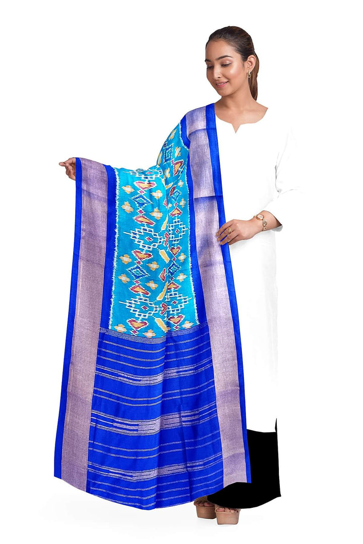 Handwoven Ikat pure silk dupatta in blue in pan bhat pattern