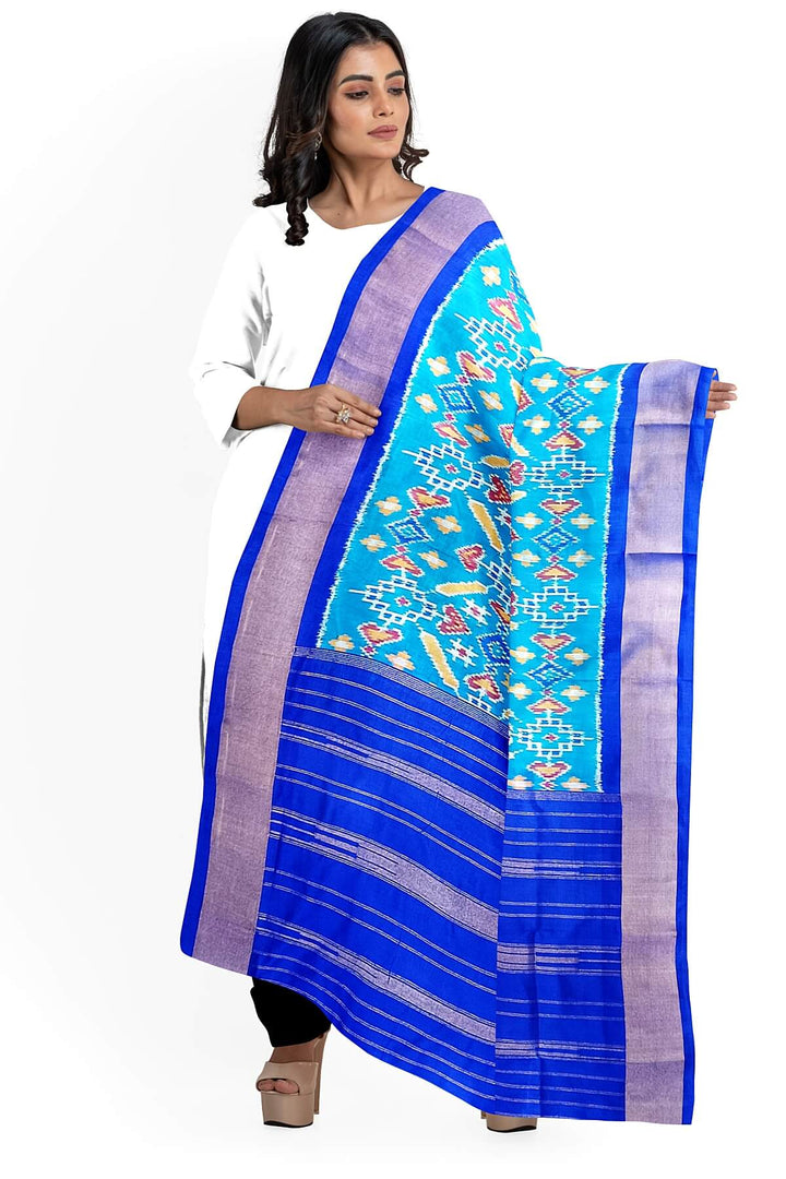 Handwoven Ikat pure silk dupatta in blue in pan bhat pattern