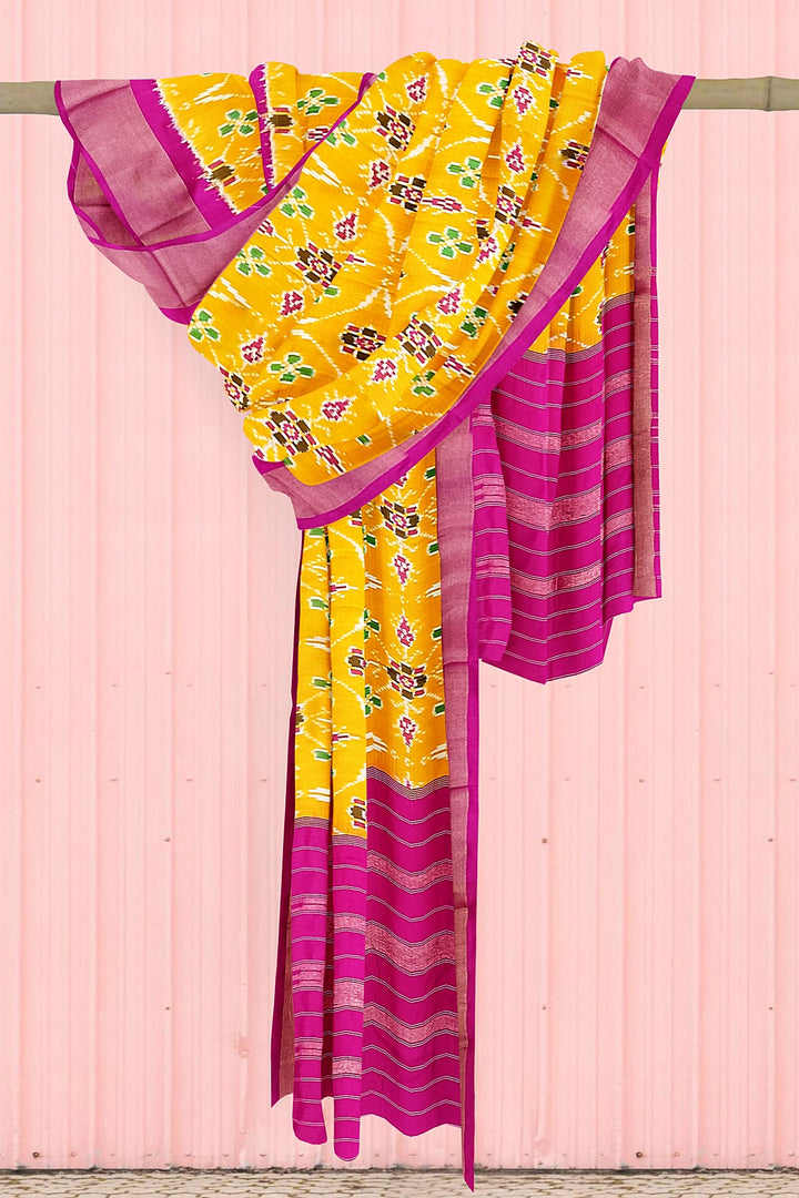 Handwoven ikat pure silk dupatta in  yellow  in pan bhat  pattern