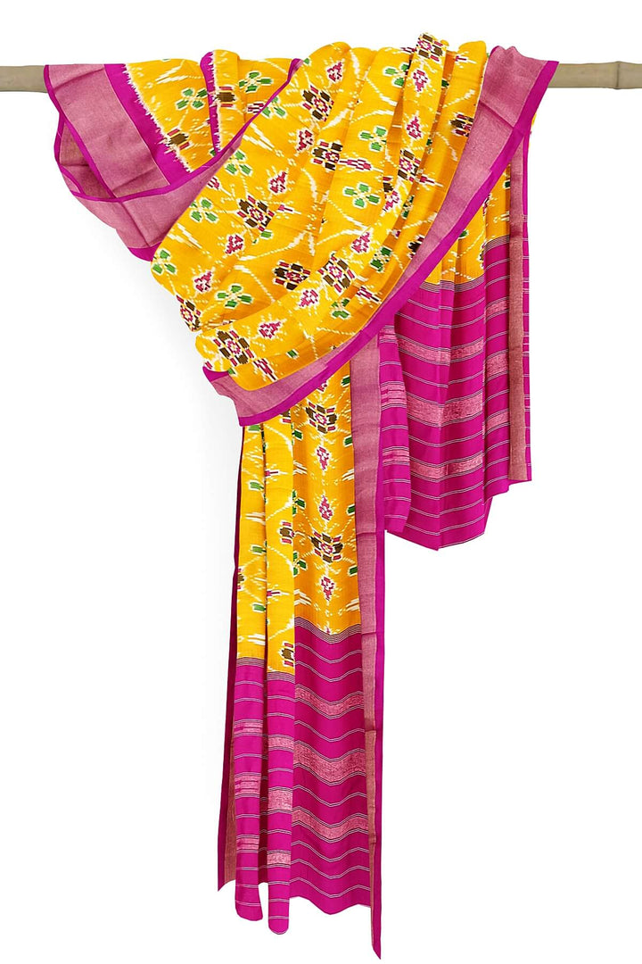Handwoven ikat pure silk dupatta in  yellow  in pan bhat  pattern