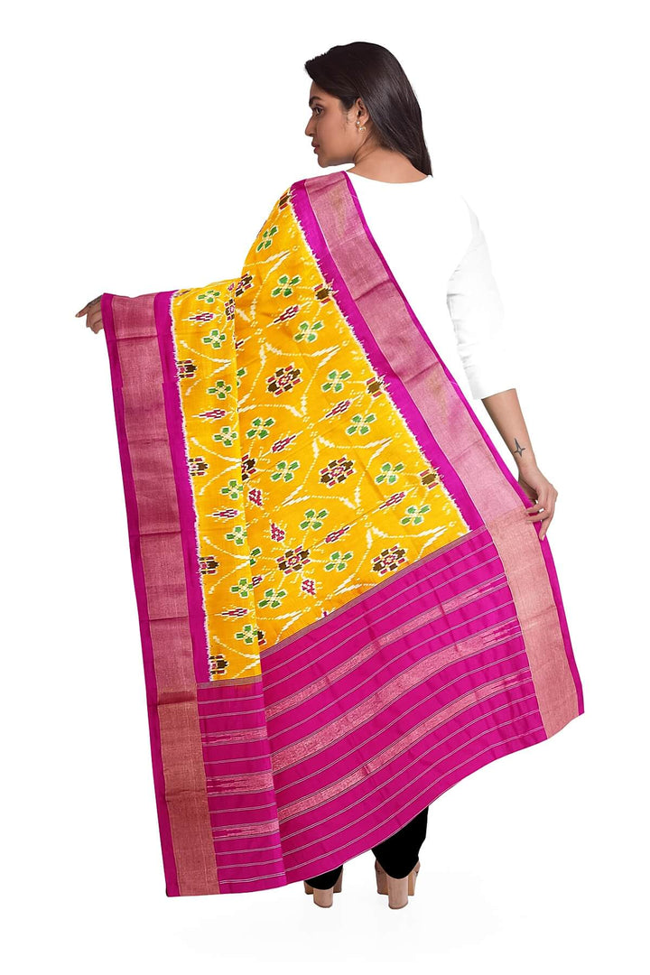 Handwoven ikat pure silk dupatta in  yellow  in pan bhat  pattern