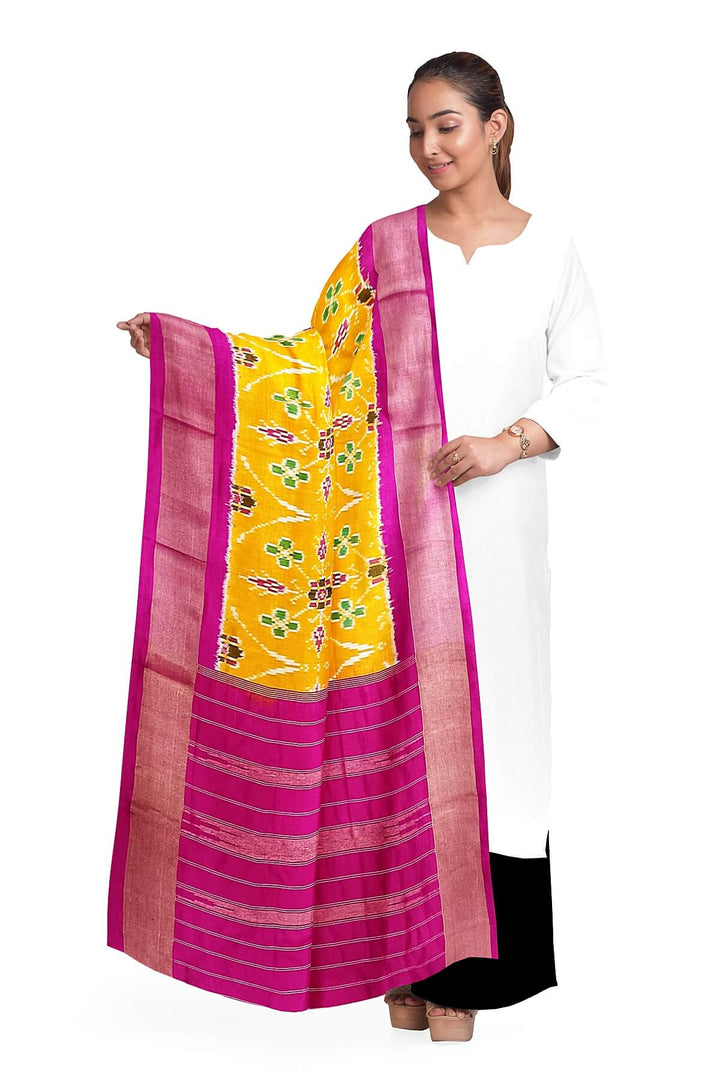Handwoven ikat pure silk dupatta in  yellow  in pan bhat  pattern