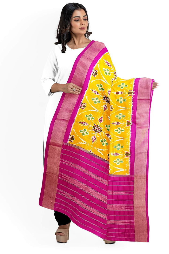 Handwoven ikat pure silk dupatta in  yellow  in pan bhat  pattern