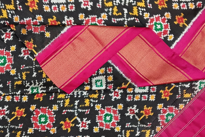 Handwoven ikat pure silk dupatta in black in navratan pattern