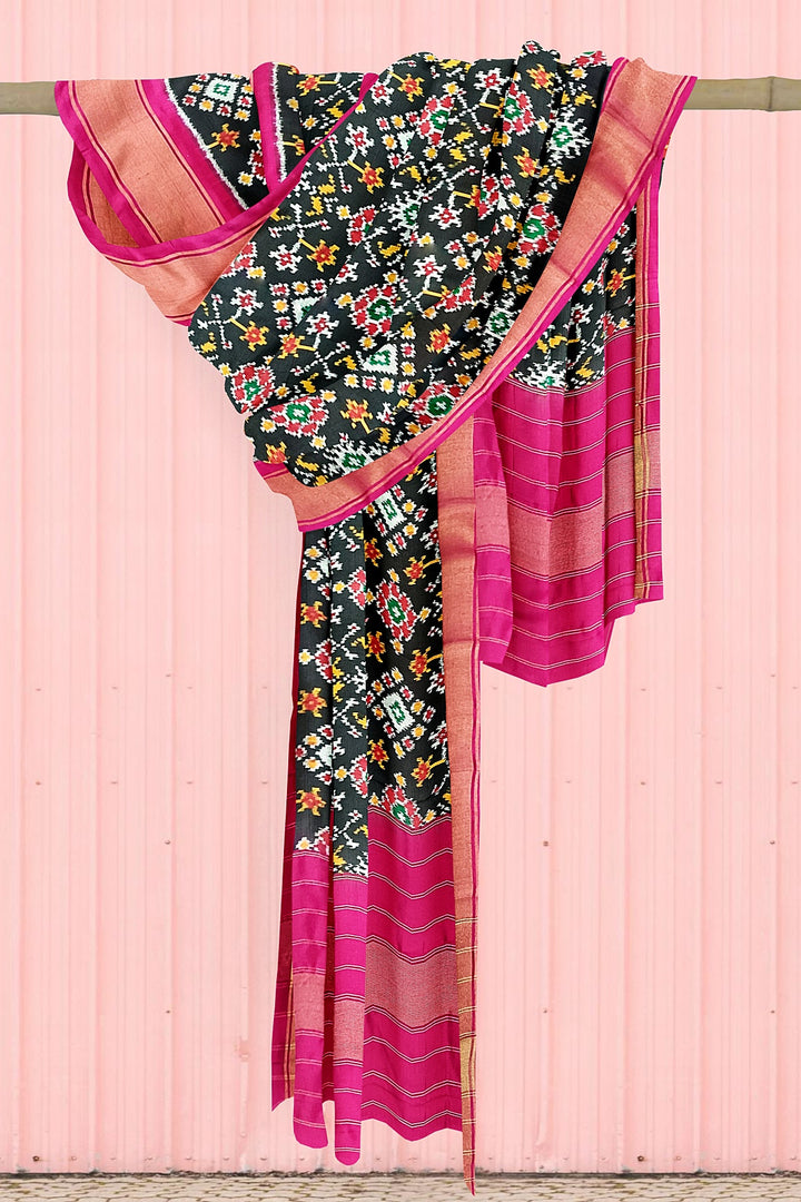 Handwoven ikat pure silk dupatta in black in navratan pattern