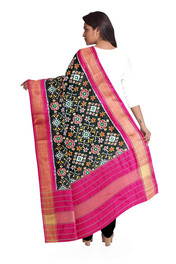 Handwoven ikat pure silk dupatta in black in navratan pattern