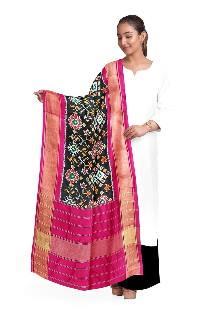 Handwoven ikat pure silk dupatta in black in navratan pattern
