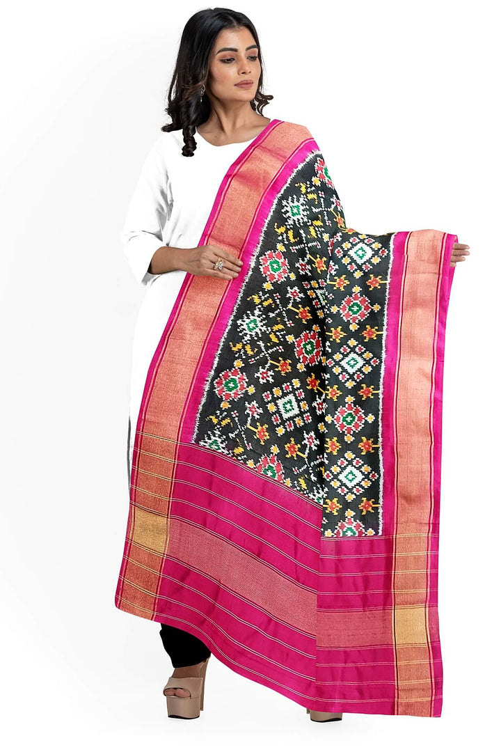 Handwoven ikat pure silk dupatta in black in navratan pattern