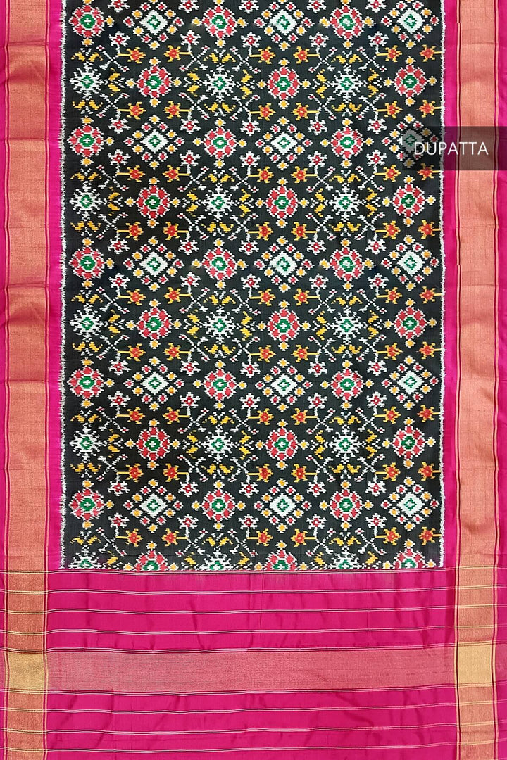 Handwoven ikat pure silk dupatta in black in navratan pattern