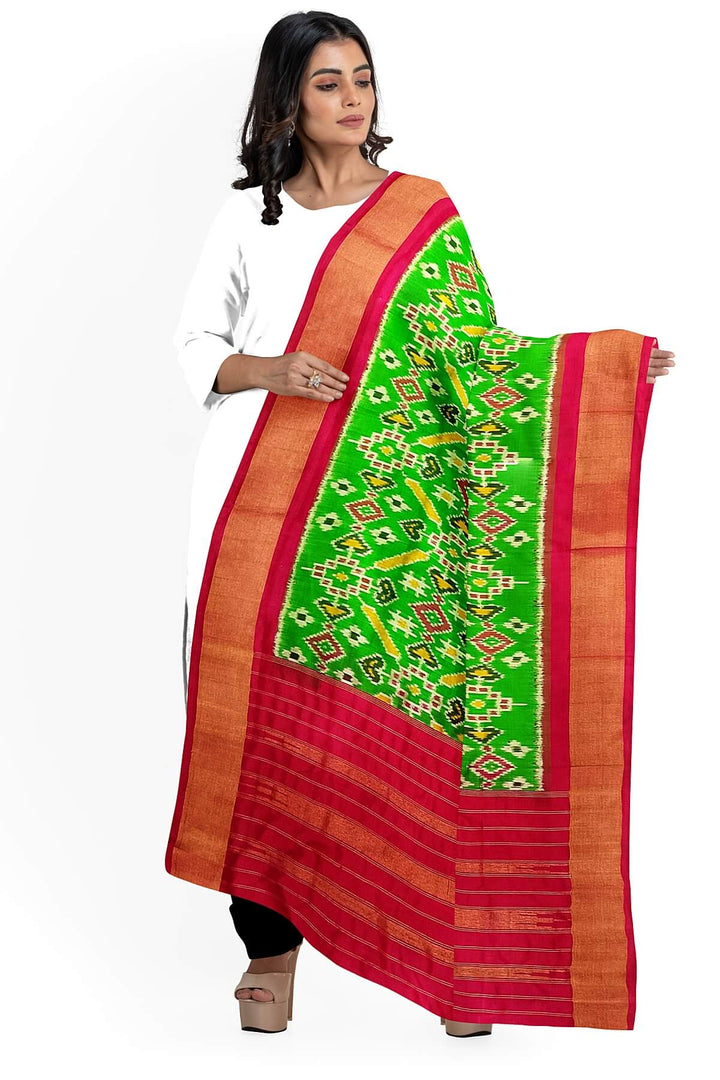 Handwoven ikat pure silk dupatta in green in pan bhat pattern