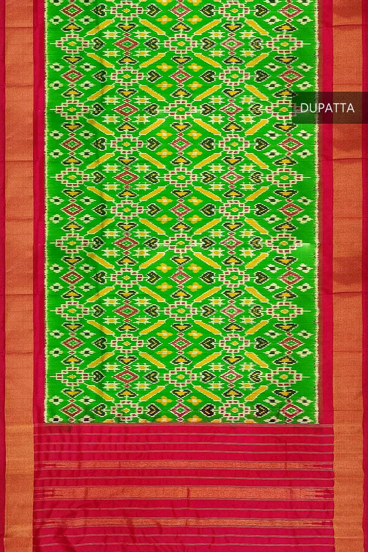 Handwoven ikat pure silk dupatta in green in pan bhat pattern