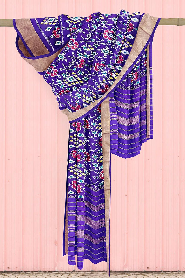 Handwoven ikat pure silk dupatta in violet in navratan pattern