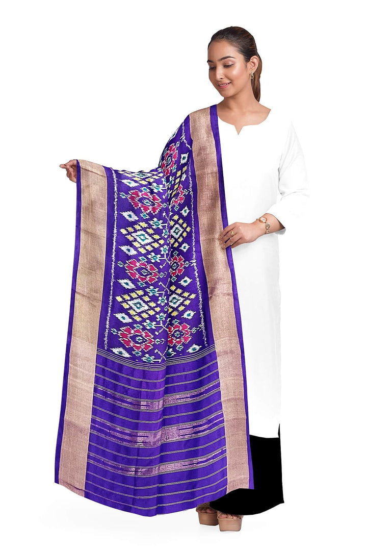 Handwoven ikat pure silk dupatta in violet in navratan pattern