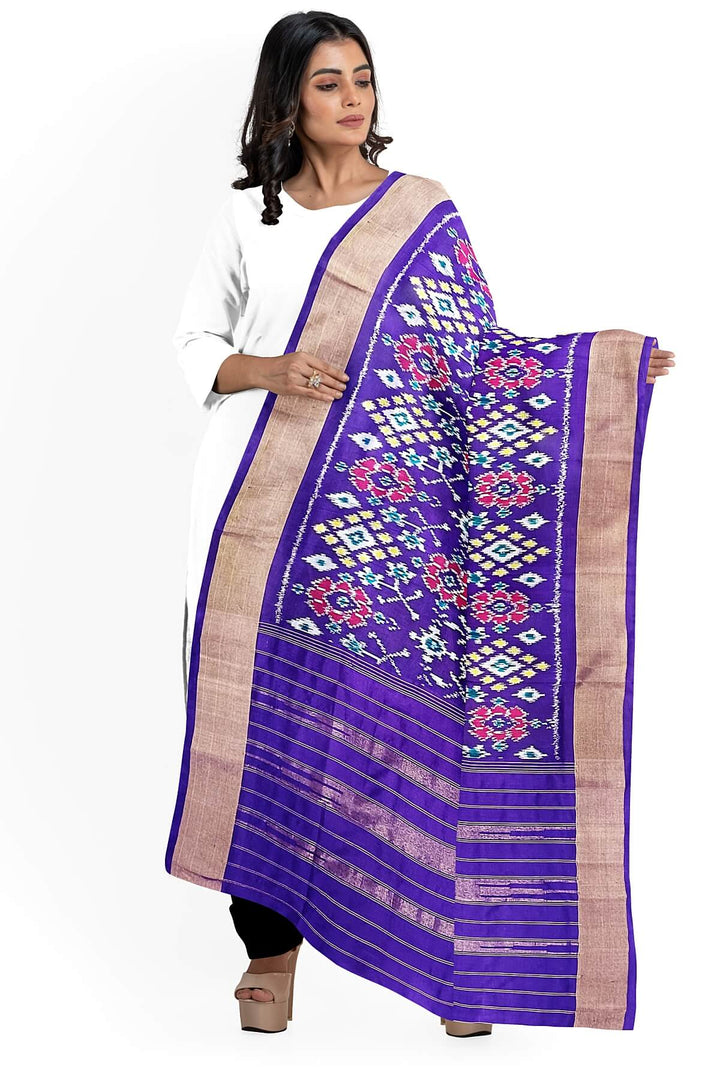 Handwoven ikat pure silk dupatta in violet in navratan pattern