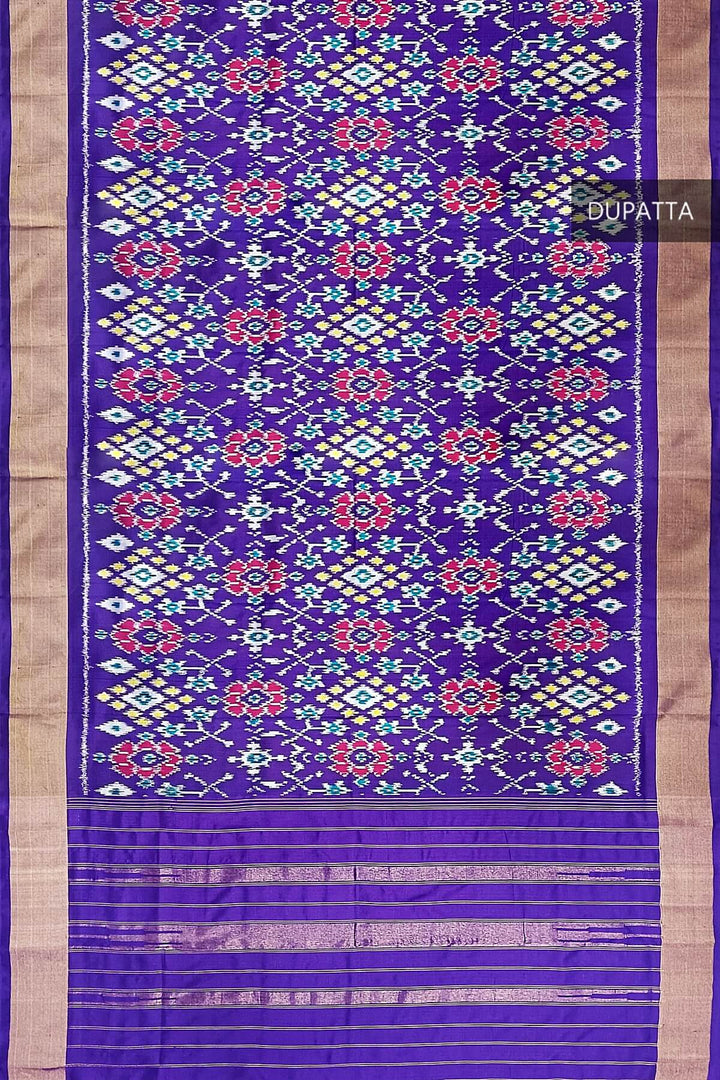 Handwoven ikat pure silk dupatta in violet in navratan pattern