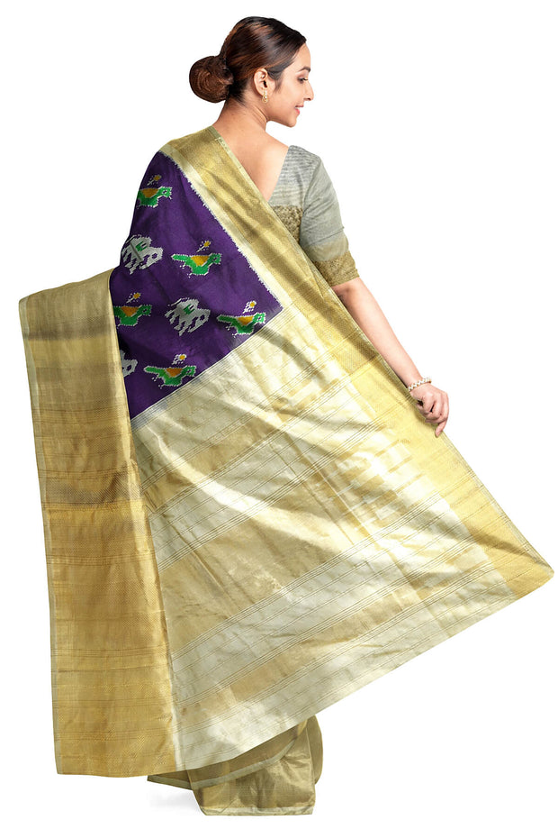 Ikat pure silk saree in purple with elephant & bird motifs