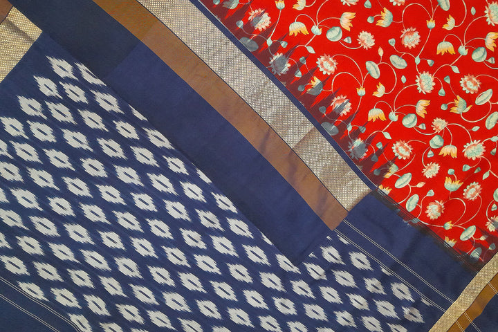 Ikat pure silk floral printed red saree  with lotus vines.
