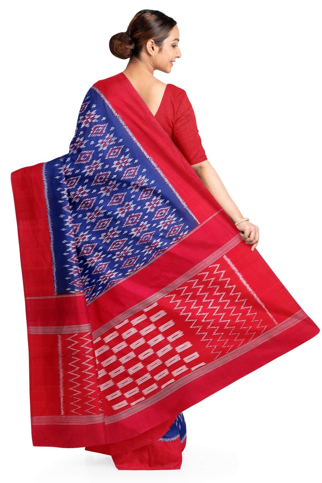 Handwoven ikat pure cotton saree in blue in 4 motif telia pattern