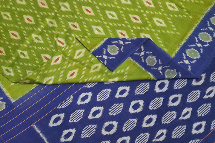Handwoven ikat pure cotton saree in olive green & blue