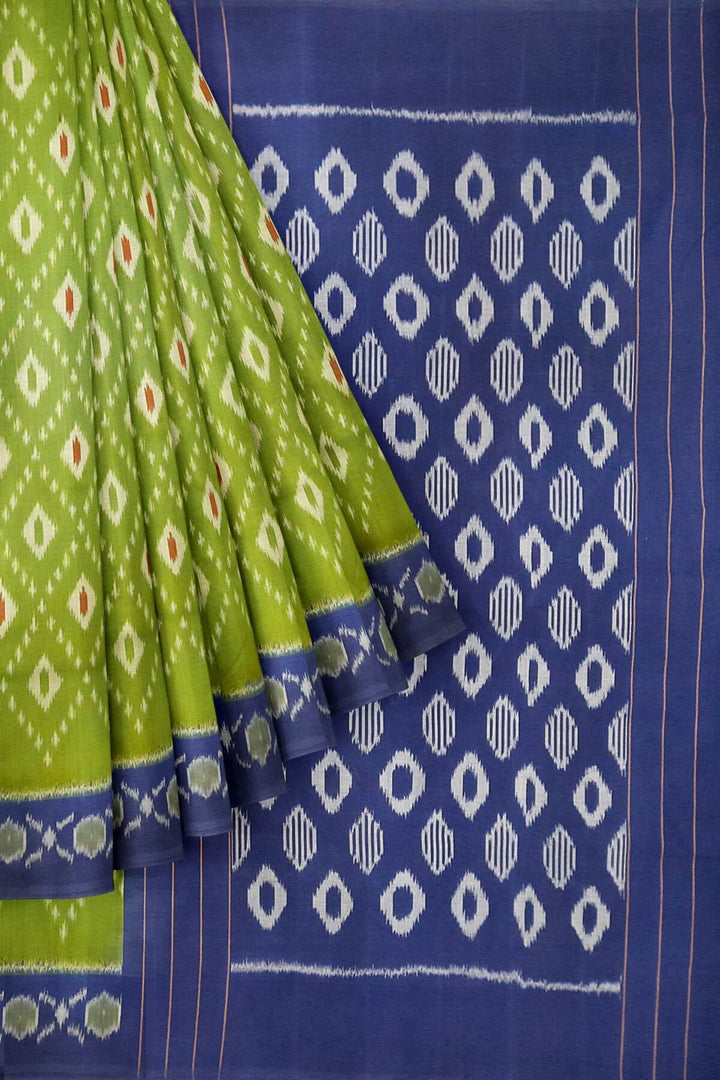 Handwoven ikat pure cotton saree in olive green & blue