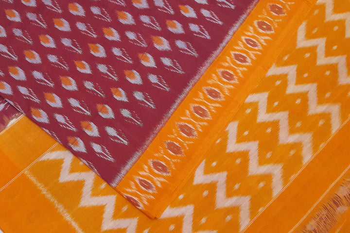 Handwoven ikat pure cotton saree in maroon with floral motifs