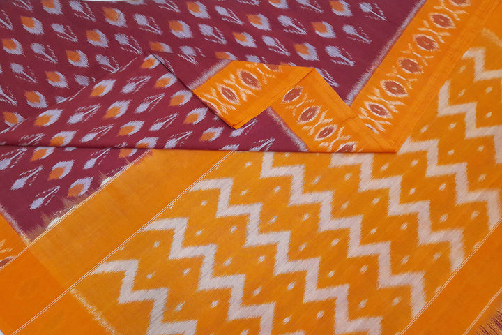 Handwoven ikat pure cotton saree in maroon with floral motifs