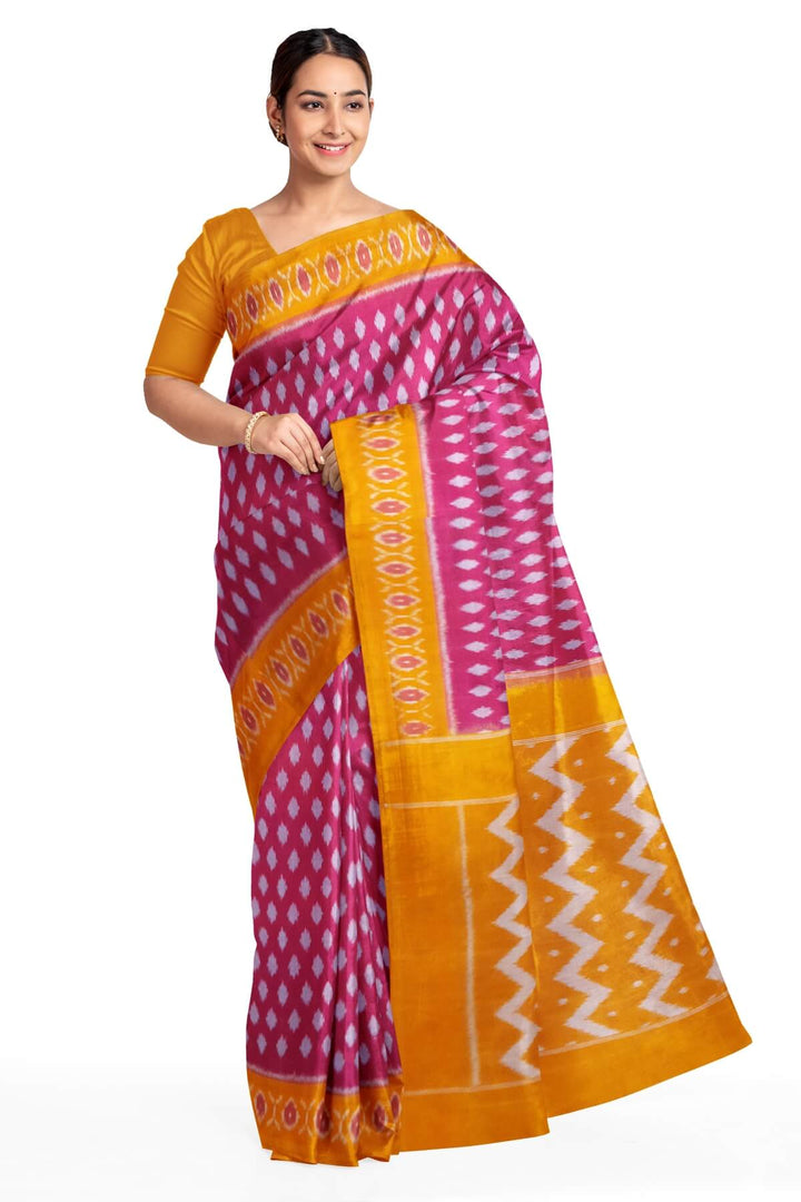 Handwoven ikat pure cotton saree in pink with floral motifs
